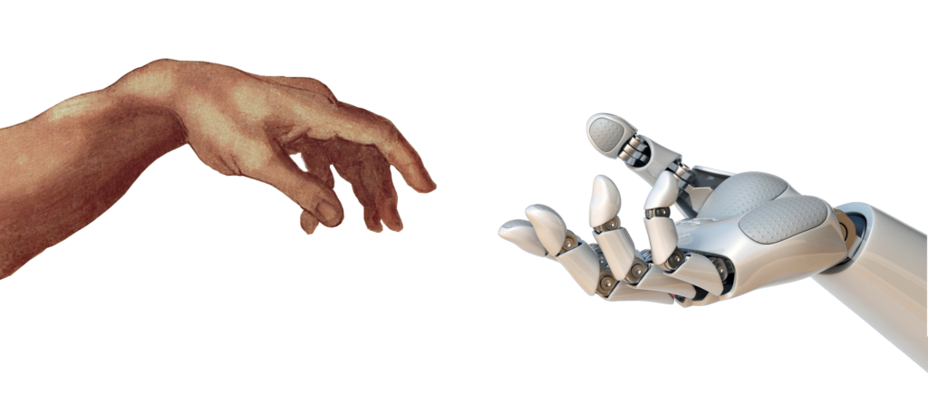 Human hand reaching toward Robotic hand (Creation of Adam)